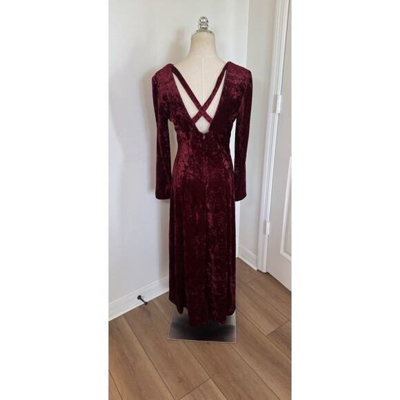 Vintage 80s Molly Malloy Size 8 Crushed Velvet Maroon Red Midi Dress Open Back - Picture 13 of 13